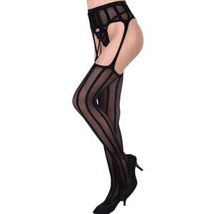 Women's Black Fishnet Tights with Vertical Stripes and Suspender Style